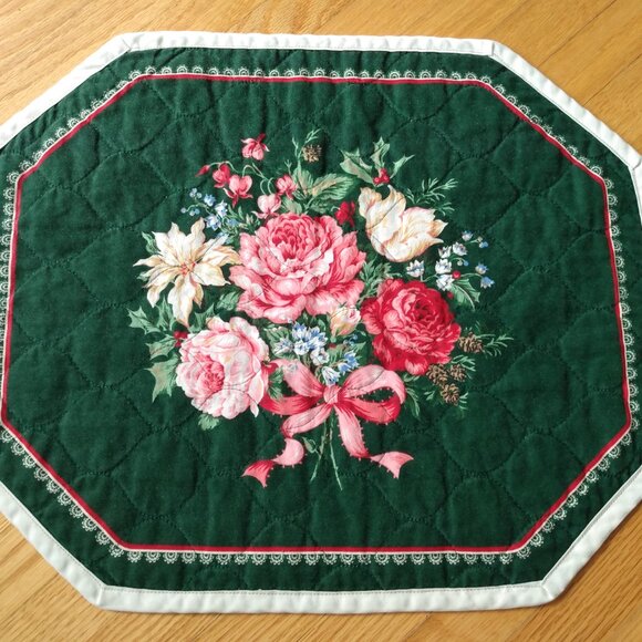 Vintage Quilted Placemats Pink Rose Green Set of 5 Handmade Dining Place Mats - Picture 4 of 16
